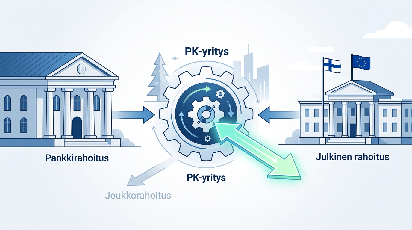 Infograafi, joka kuvaa suomalaisen pk-yrityksen rahoitusvaihtoehtoja vuonna 2026, korostaen pankkirahoituksen, julkisen rahoituksen ja digitaalisten ratkaisujen, kuten Laskurahan, roolia.