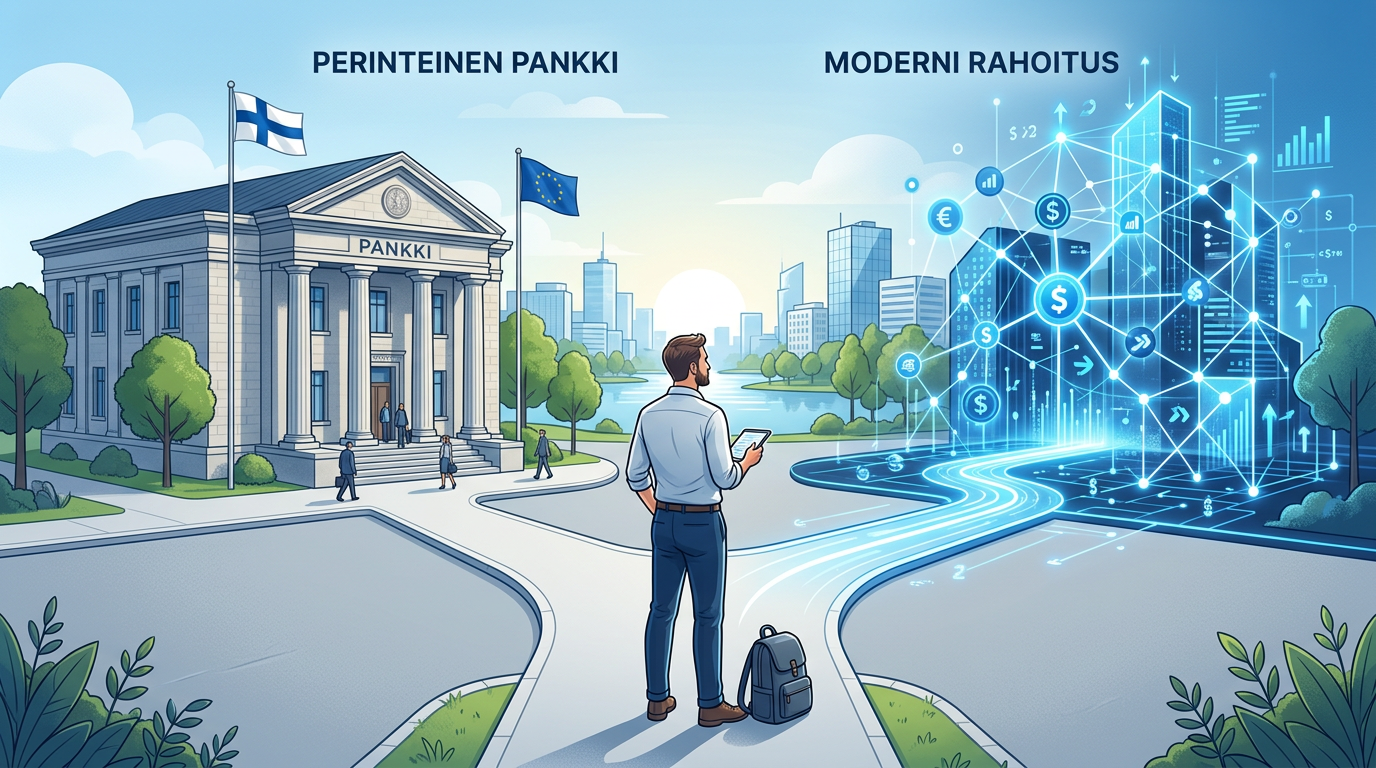 Pk-yrittäjä valitsemassa perinteisen pankkilainan ja modernin digitaalisen rahoituksen välillä.