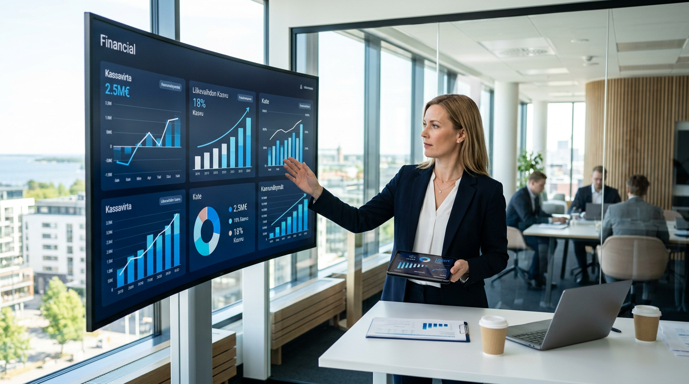 Pk-yrittäjä analysoi digitaalisia talousdataa näytöllä.