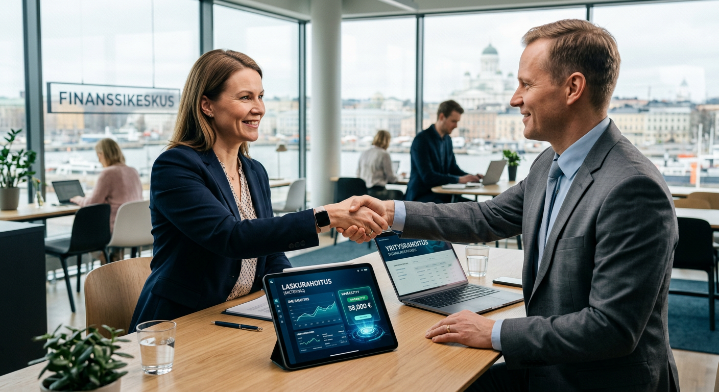 Kaksi kättä kättelee, toinen ihminen ja toinen digitaalinen, symboloiden pk-yritysten digitaalista factoring-rahoitusta.