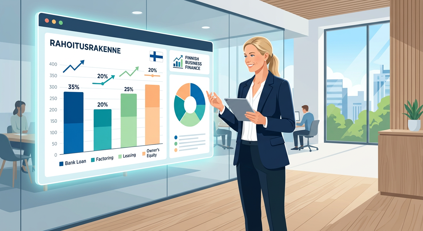 Kuva, joka esittää yrittäjää analysoimassa yrityksensä monipuolista rahoitusportfoliota digitaalisella näytöllä.