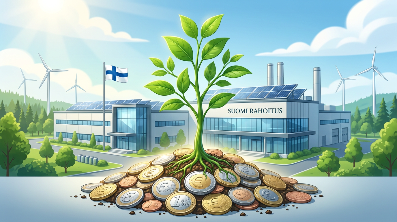 Kuva, jossa vihreä taimi kasvaa eurokolikoiden keskeltä. Taustalla on suomalainen moderni tehdas, jonka katolla on aurinkopaneeleita, symboloiden kestävää rahoitusta ja vihreää kasvua.