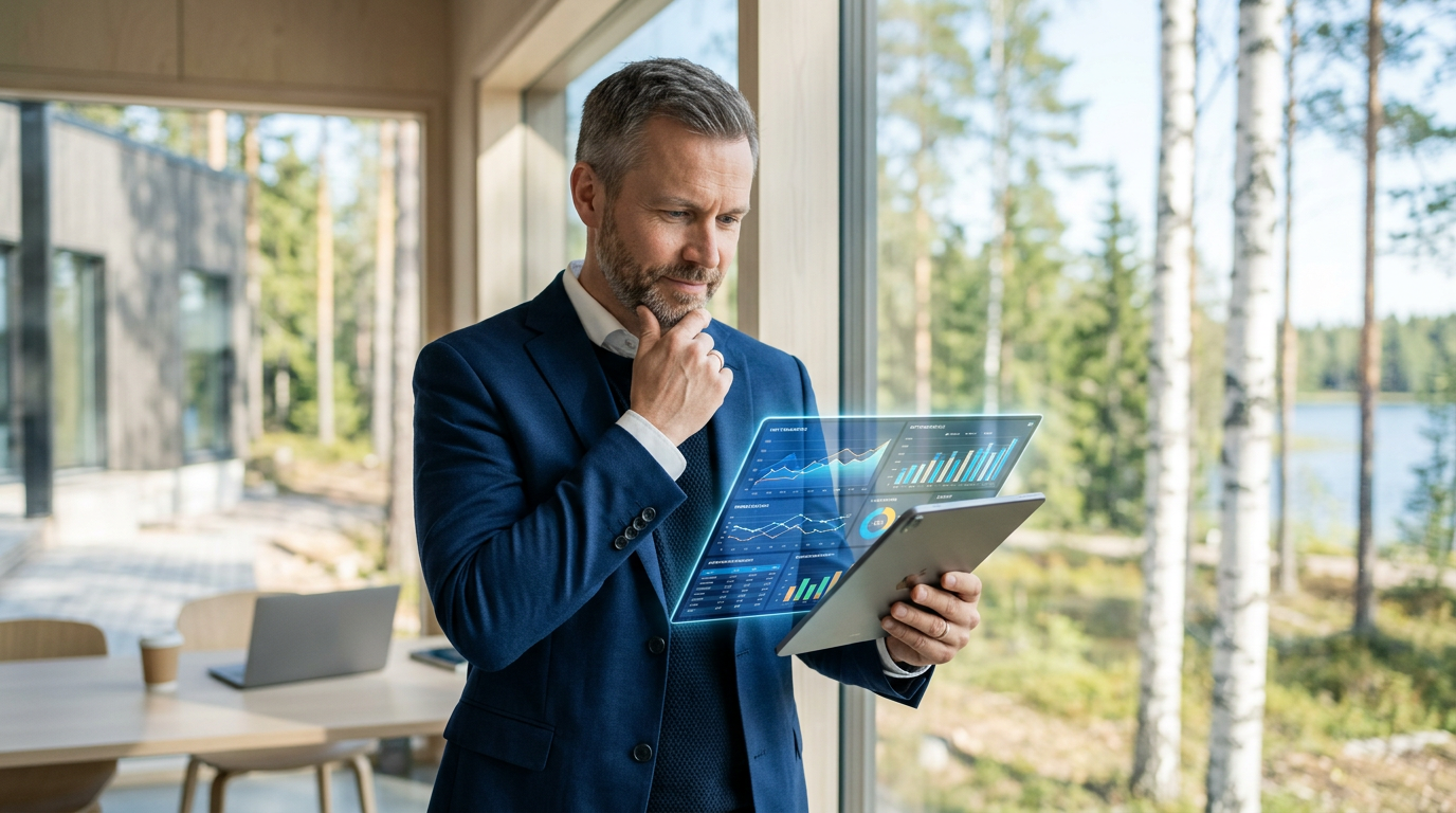 Suomalainen pk-yrittäjä analysoi yrityksensä talousdataa tabletilla digitaalisessa käyttöliittymässä.