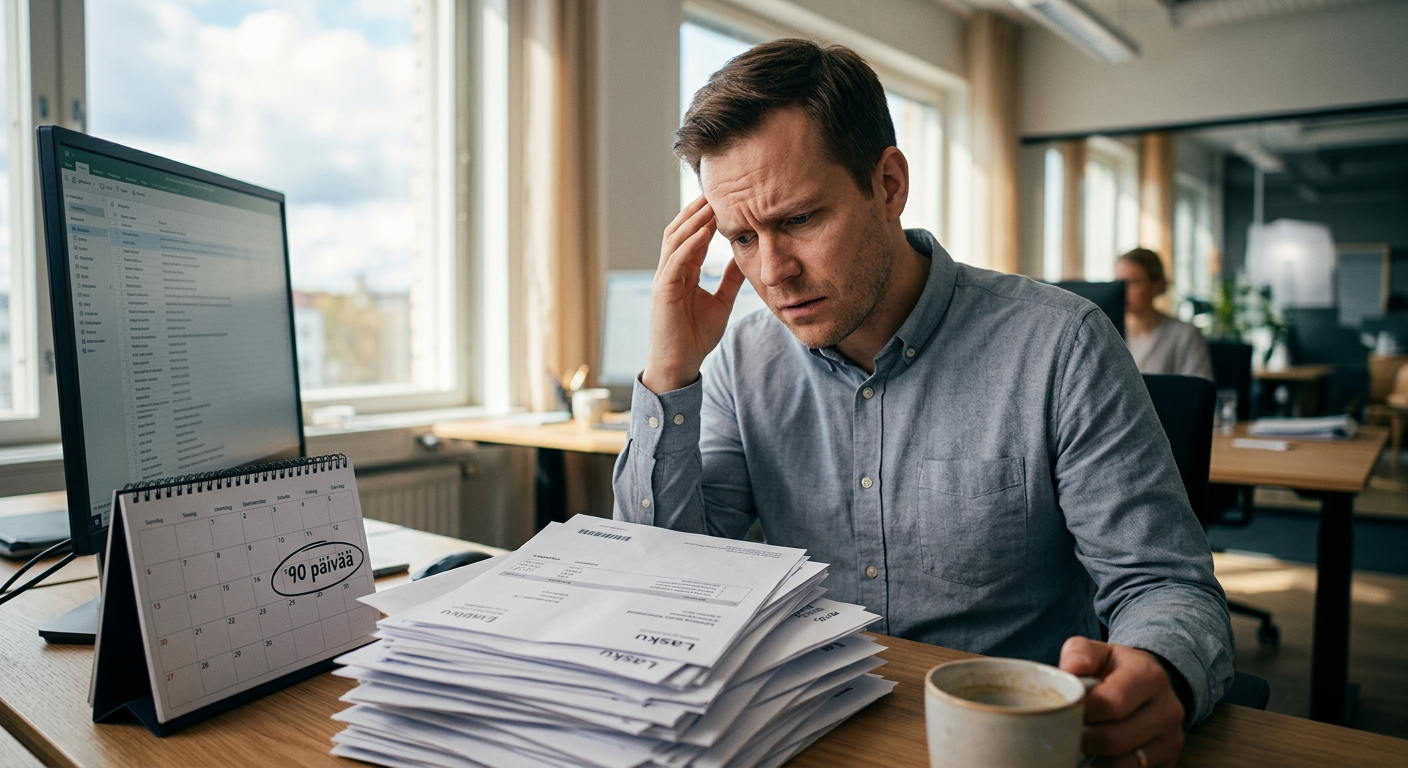 Pienyrittäjä stressaantuneena pitkistä maksuajoista, kasa maksamattomia laskuja pöydällä.
