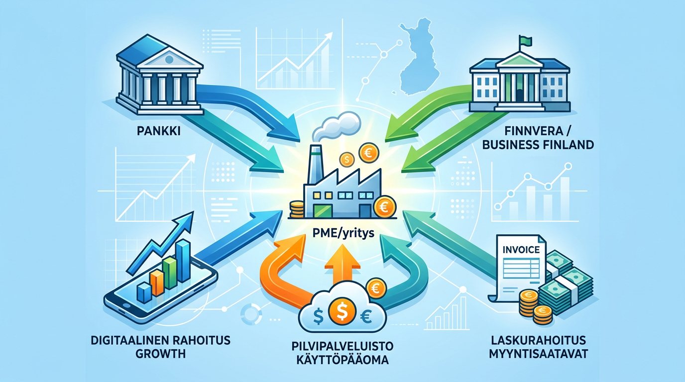 Infografiikka, joka kuvaa pk-yrityksen rahoitusvaihtoehtoja. Keskellä on yrityksen ikoni, johon johtaa nuolia perinteisestä pankista, julkiselta rahoittajalta sekä digitaalisista lähteistä kuten älypuhelimesta ja lasku-ikonista.