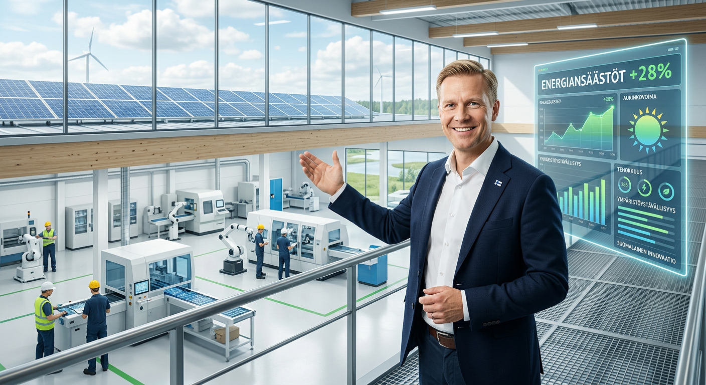 Suomalainen pk-yrittäjä modernissa ja ympäristöystävällisessä tuotantolaitoksessa, jossa aurinkopaneelit ja digitaalinen data kuvastavat vihreän siirtymän onnistumista.
