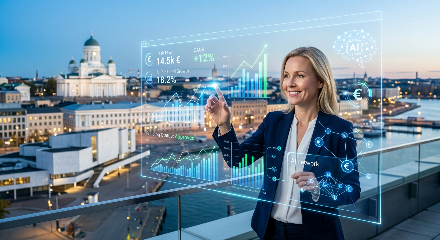 Kuva suomalaisen pk-yritysrahoituksen tulevaisuudesta, jossa yrittäjä käyttää digitaalista näyttöä, joka näyttää tekoälyyn perustuvaa dataa ja rahoituskaavioita.