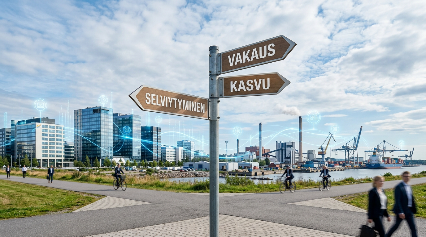 Kuva kolmesta eri polusta pk-yrityksen rahoitukselle: vakaus, kasvu ja selviytyminen.