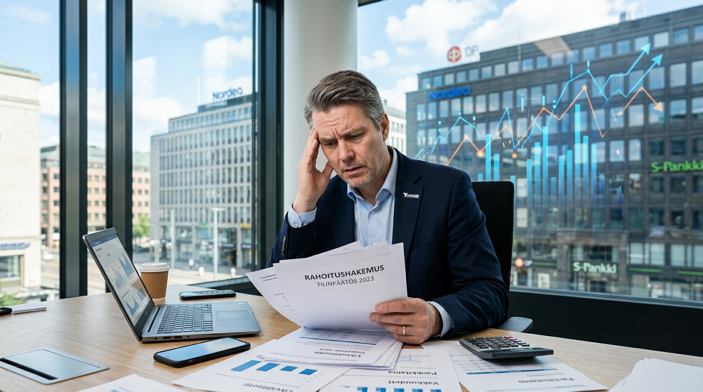 Yrittäjä tarkastelee huolestuneena papereita, symboloiden pk-yritysten rahoitushaasteita ja pankkien tiukkoja kriteereitä.