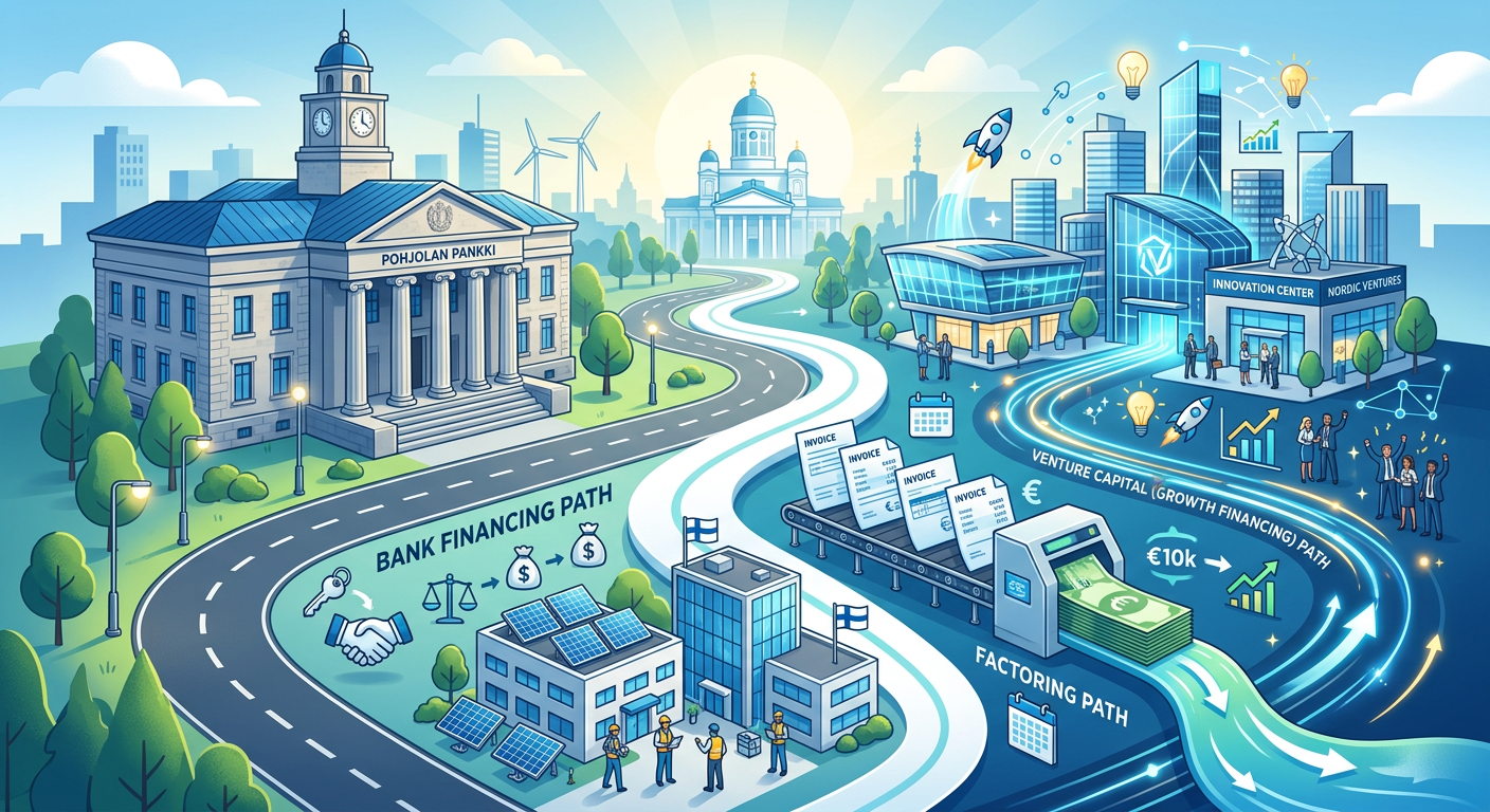 Infograafi, joka kuvaa suomalaisen pk-yrityksen eri rahoituspolkuja, kuten pankkilainaa, pääomasijoitusta ja laskurahoitusta.