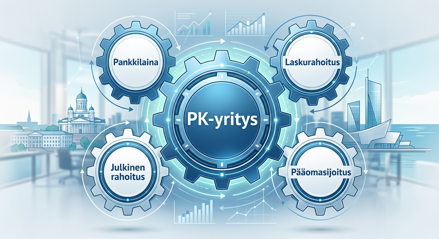 Infografiikka, joka kuvaa suomalaisen pk-yrityksen rahoituslähteitä vuonna 2026, sisältäen pankkilainat, laskurahoituksen ja pääomasijoitukset.