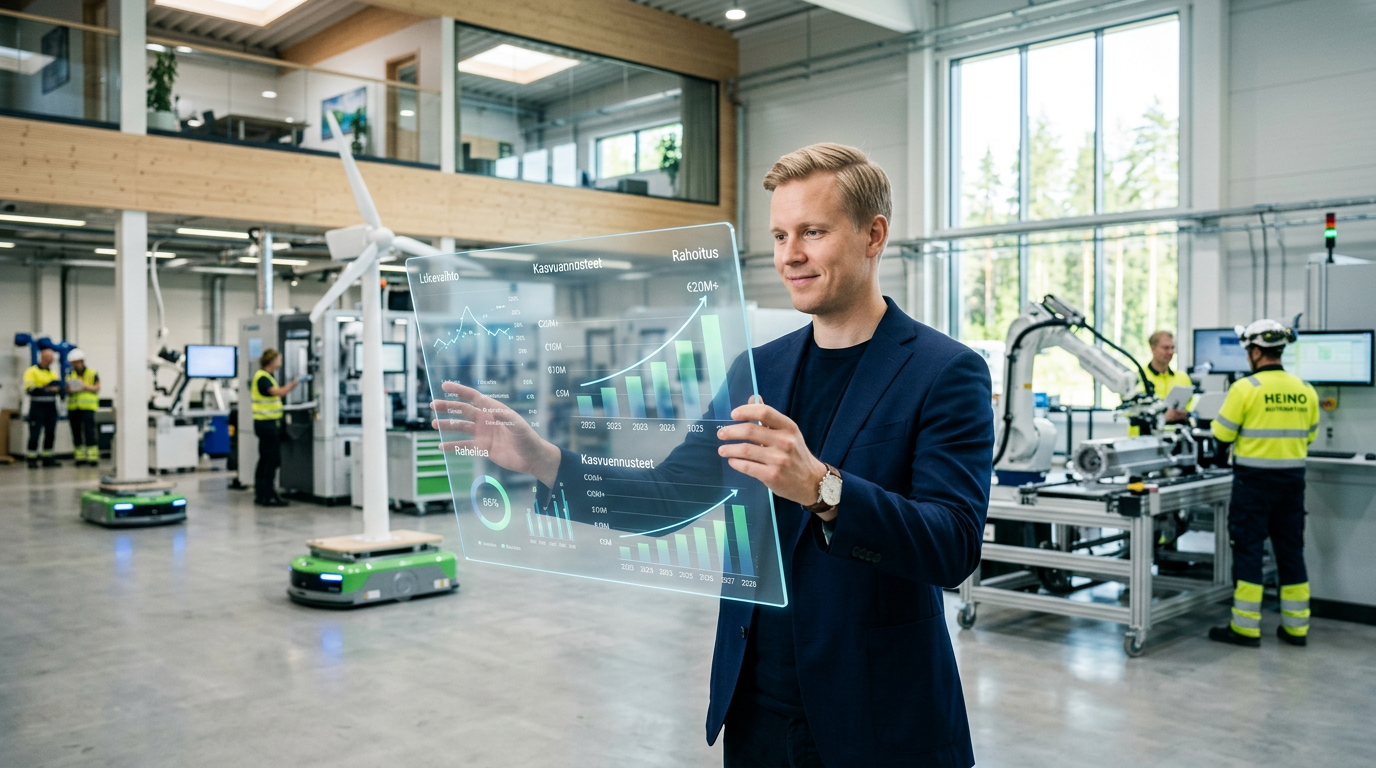 Suomalainen yrittäjä tarkastelee rahoitusennusteita tehtaassa.