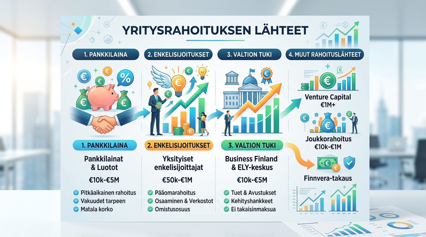 Kaavio, joka kuvaa pk-yritysten eri rahoituslähteitä Suomessa.