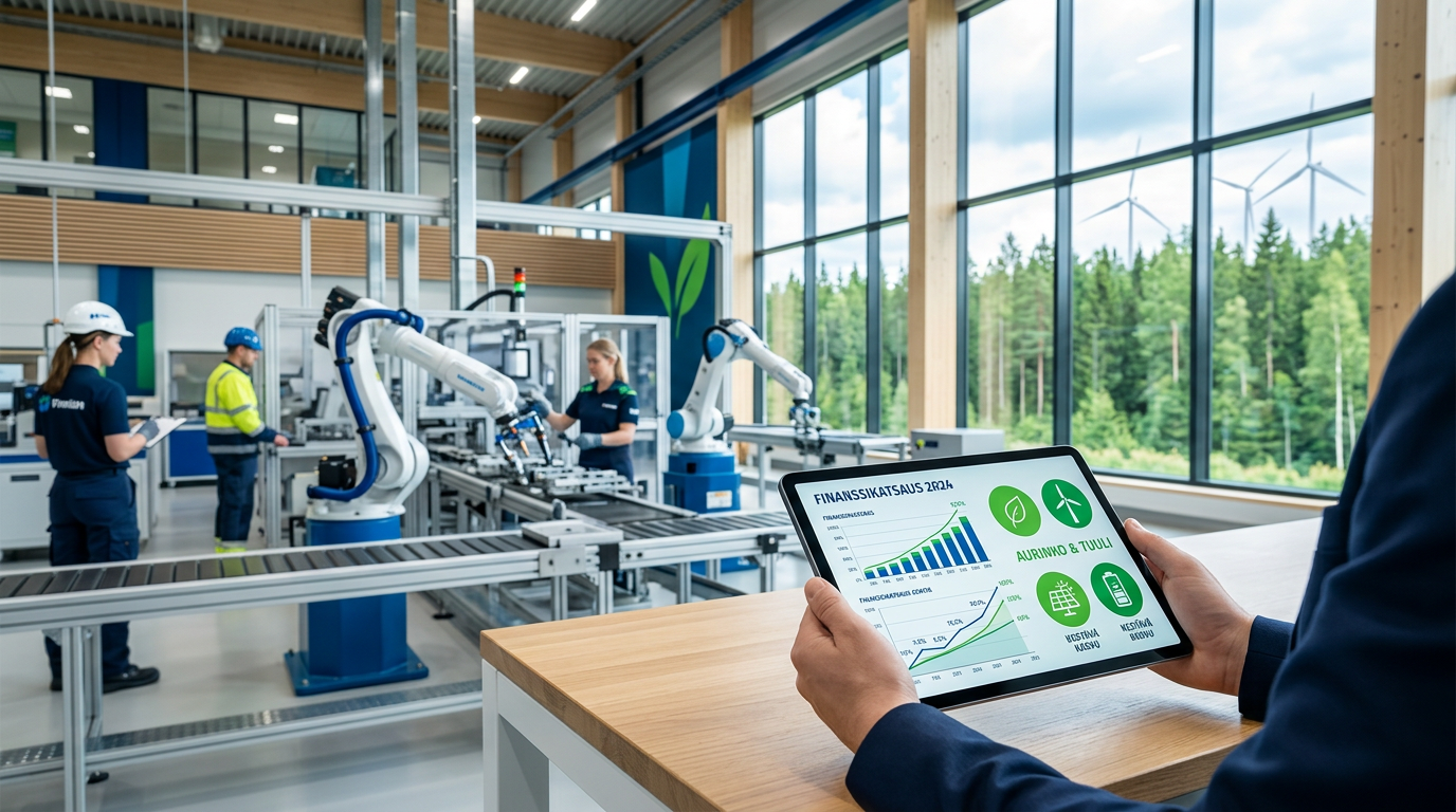 Moderni tehdas, jossa yhdistyvät teknologia, rahoitus ja vihreä energia, kuvastaen pk-yrityksen vihreän siirtymän investointia.