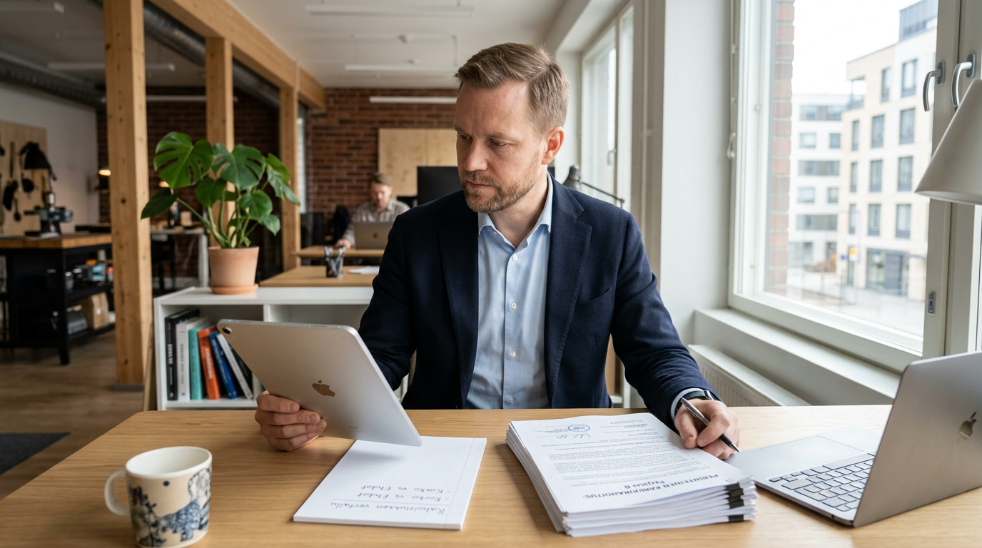 Yrittäjä vertailee kahta erilaista rahoitustarjousta työpöytänsä ääressä.
