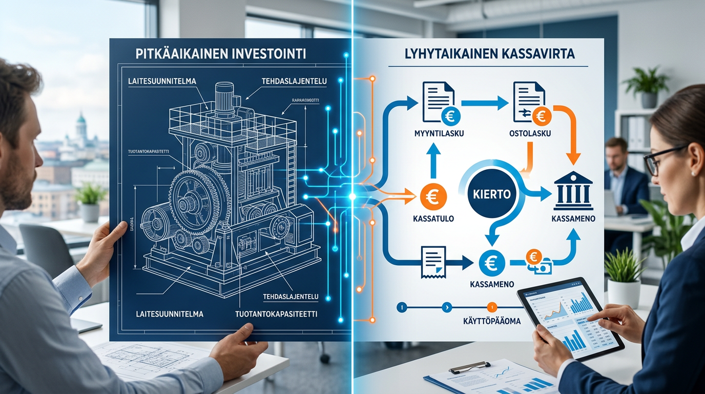 Kuva, joka symboloi yritysrahoituksen yhdistelmämallia: vasemmalla koneen piirustus ja oikealla kassavirtaa kuvaava kaavio.