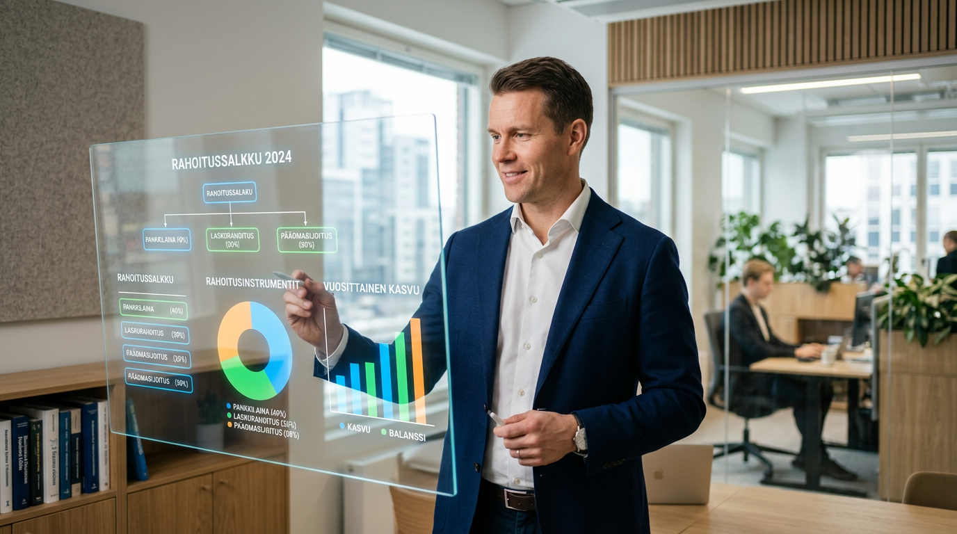 PK-yrittäjä suunnittelee yrityksensä rahoitusportfoliota digitaalisella näytöllä.