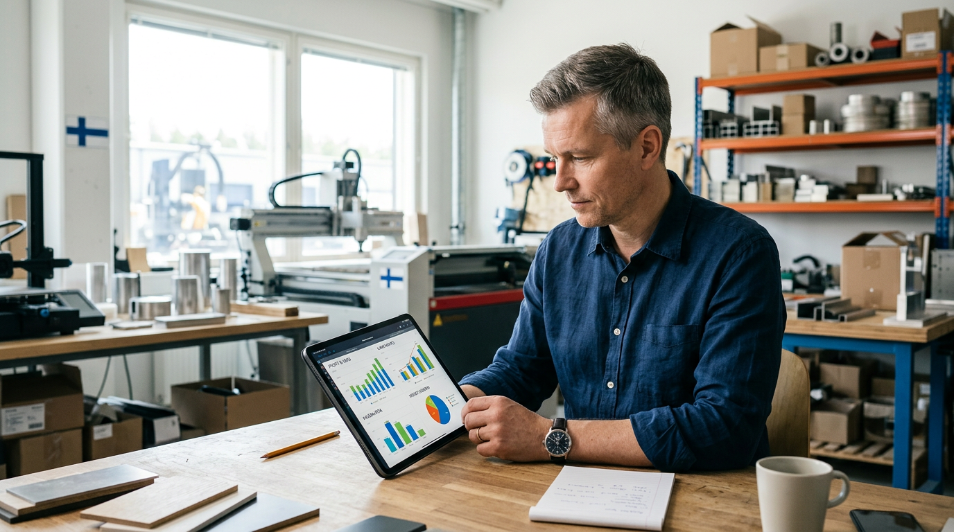 Suomalainen pk-yrittäjä analysoi yrityksensä talouslukuja tabletilta työpajassaan, mikä symboloi strategista rahoitussuunnittelua.