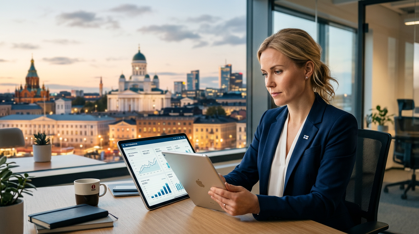 Naisyrittäjä miettimässä yrityksen taloutta tabletilla, taustalla kaupunkimaisema.