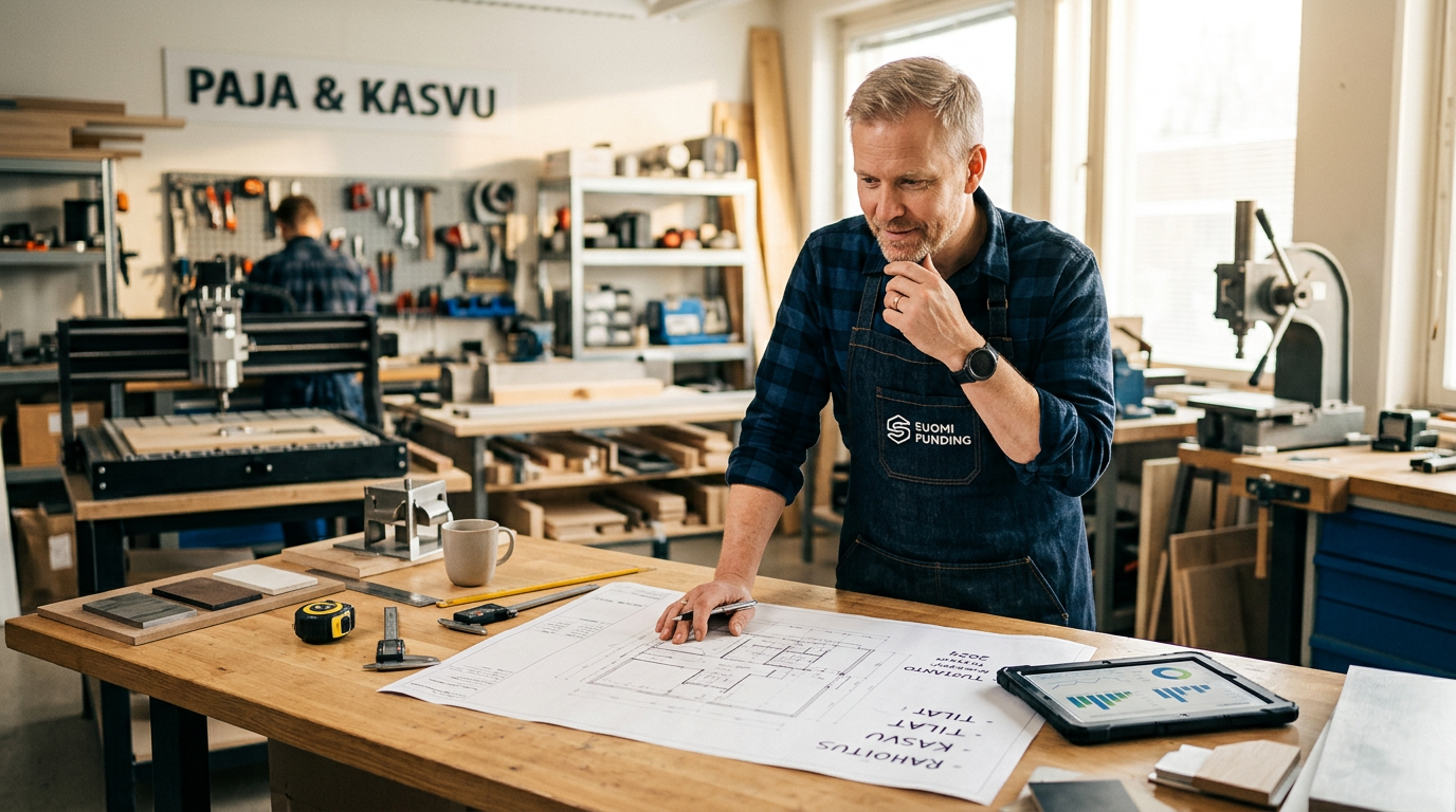 Suomalainen yrittäjä suunnittelee yrityksensä kasvua ja rahoitusta.