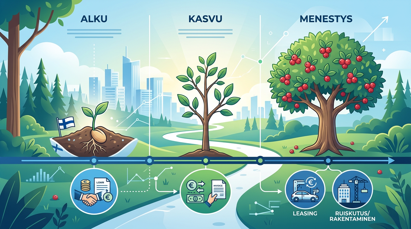 Infograafi, joka kuvaa yrityksen elinkaarta ja eri rahoitusvaihtoehtoja siemenestä hedelmää kantavaksi puuksi.